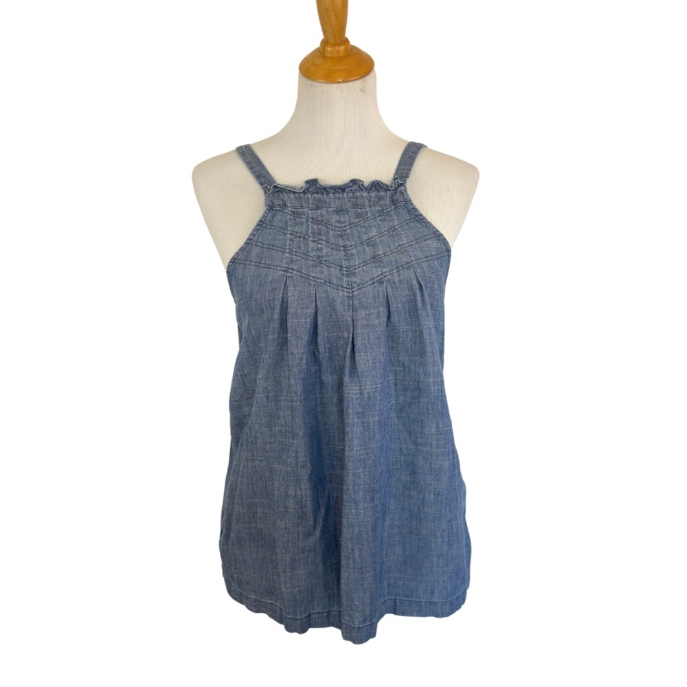 Trina Turk Chambray Denim Pleated Blouse High Neck Size Medium